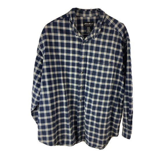 Eddie Bauer Mens XXL Button Down Cotton Long Sleeve Plaid Shirt Blue & Beige - Picture 2 of 5